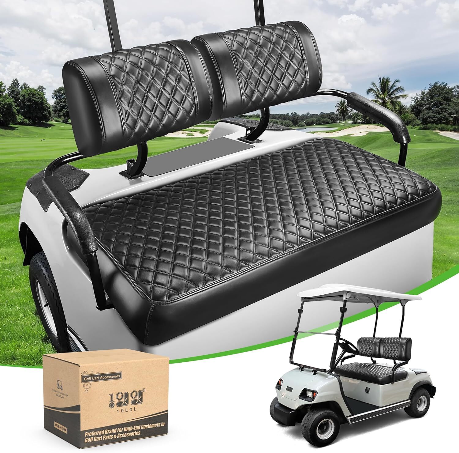 Cart Front Seat Covers For Yamaha G22, Black Leather Diamond Stitching