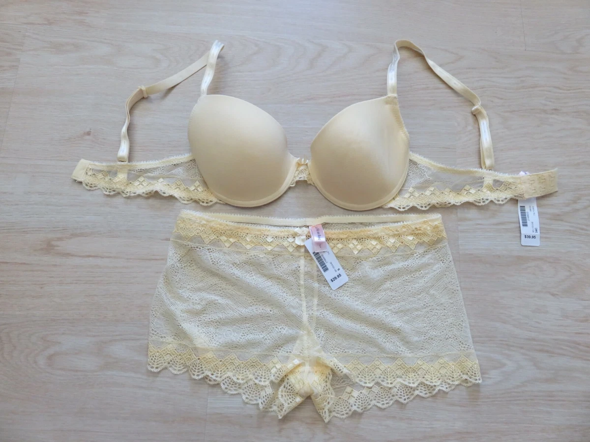 La Vie en Rose Padded Bra Set 34C Small Hiphugger Boyshort Panty Yellow Lace