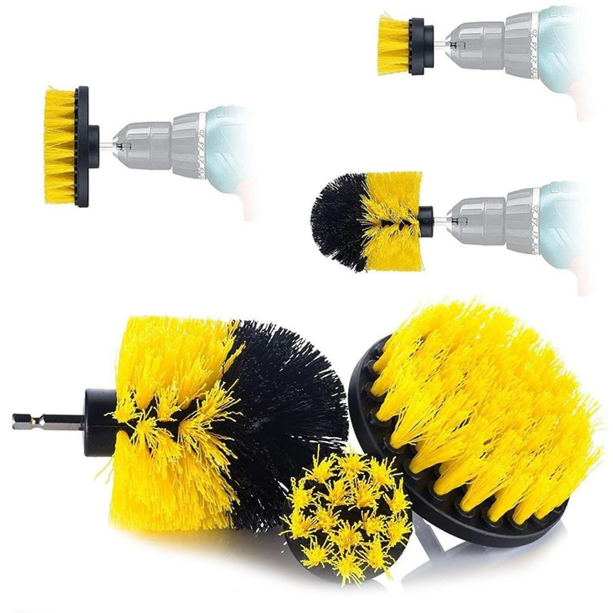 Set 3 Spazzole Per Trapano Pulizia Fughe Piastrelle E Cerchi Auto - Gialle