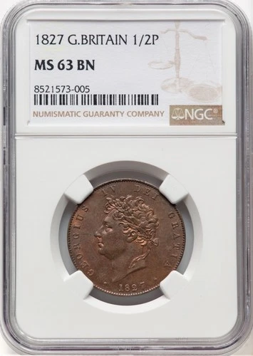 ENGLAND GEORGE IV 1827 1/2D HALF PENNY COIN, UNCIRCULATED NGC CERTIFIED MS63-BN