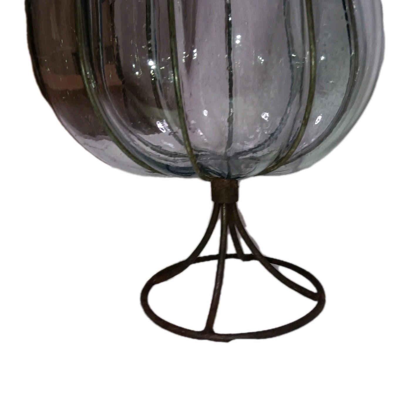 Antique Caged Glass Vase with a Wrought Iron Base.  Hand Blown Candle Holder