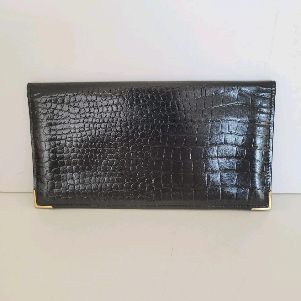 Dunhill Checkbook Card Slim Bill Holder Wallet Black Bifold Leather Croc Vintage - Image 2 of 4