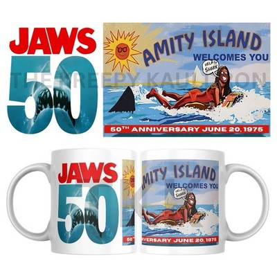 11 Unzen Tasse Iconic Shark Jaws Poster 50th Anniversary Amity Island Geschenke Horror