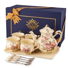Porcelain Tea Set Vintage Rose, Tea Cups with Teapot, Serving Tray and Teaspo...
