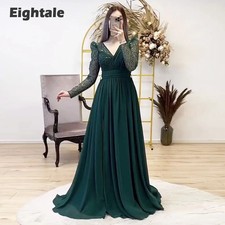 Evening Dress V-Neck Chiffon Long Sleeves Green Prom Gown Wedding Party Chiffon