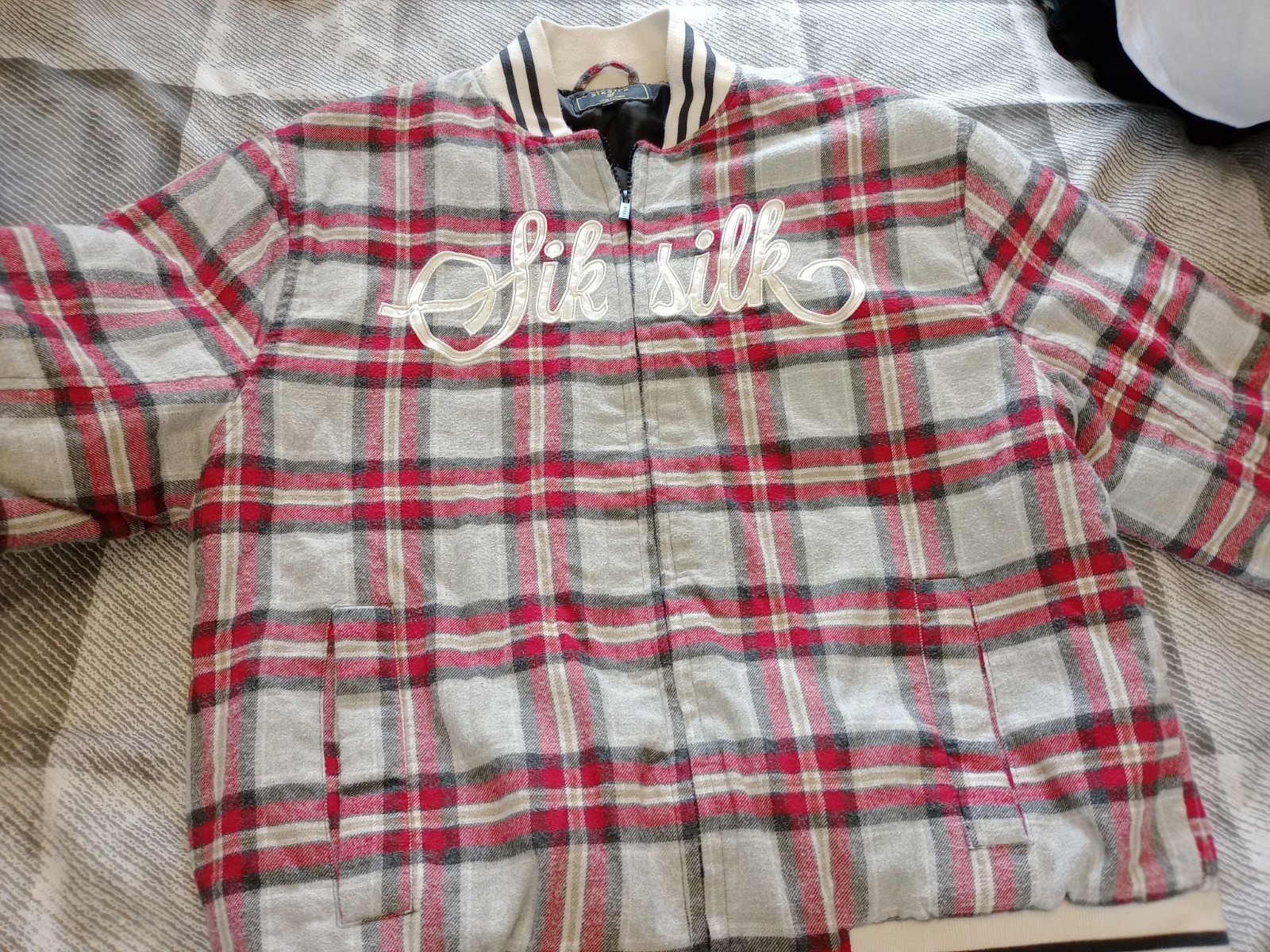 Sik Silk Red Check Varsity Jacket with Stripe Cuffs Americana Style