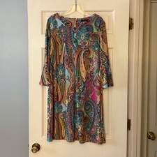 Tommy Hilfiger Paisley Bell Sleeve Shift Dress 14 Boho Retro Mod Career Preppy