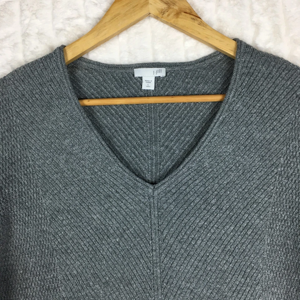 J Jill Gray Tunic Sweater Ribbed Knit V Neck Boho Stretch Cozy Women Sz L Tall - Image 3 of 4