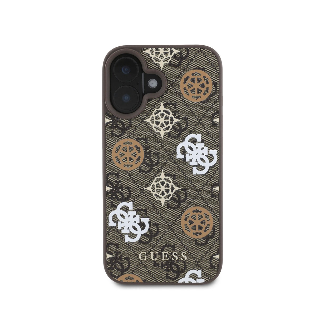 Coque Guess iPhone 16 Peony marron haut de gamme en finition luxueuse