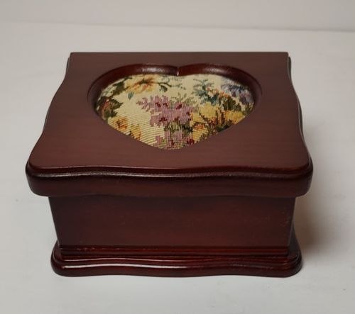 Vintage Wooden Jewelry Box with Heart Tapestry Cut out Lid Mirror inside - Picture 2 of 9