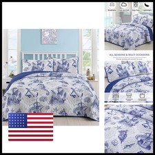 Djy Blue Quilt Set King Nautical Beach Quilt Coverlet Set Coastal Seahorse
