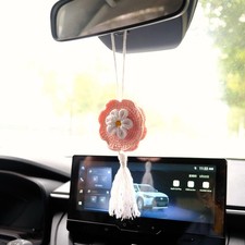 Crochet Daisy Car Charm, Pink Flower Mirror Hanging, Cute Handmade Accessory