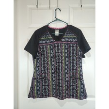 Women's sz L Heartsoul Black Butterfly Short Sleeved Scrub Top Shirt Pockets