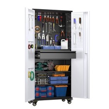 71 Inch Metal Storage Cabinet 5 Pegboards 1 Drawer Lockable Wheels