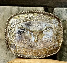 VTG Montana Silversmiths Longhorn 2-tone Silver Gold Plate Numbered Belt Buckle