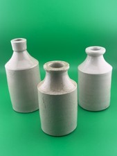 (3) Antique Beige Ink Bottles Stone Glazed Glossy 5 Inches, 6 Inches No Name