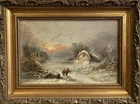 ANTIQUE OIL PAINTING Fine Winter Landscape Sunset By Thomas Smythe (1825-1906)