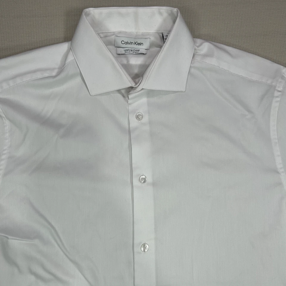 Calvin Klein White Slim Fit Long Sleeve Shirt Stretch Men’s Size 16 34 / 35 - Image 2 of 4