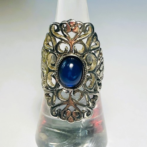 Costume Statement Ring Vintage Silver Tone Scroll Openwork Blue Cabochon Size 7 - Picture 11 of 11