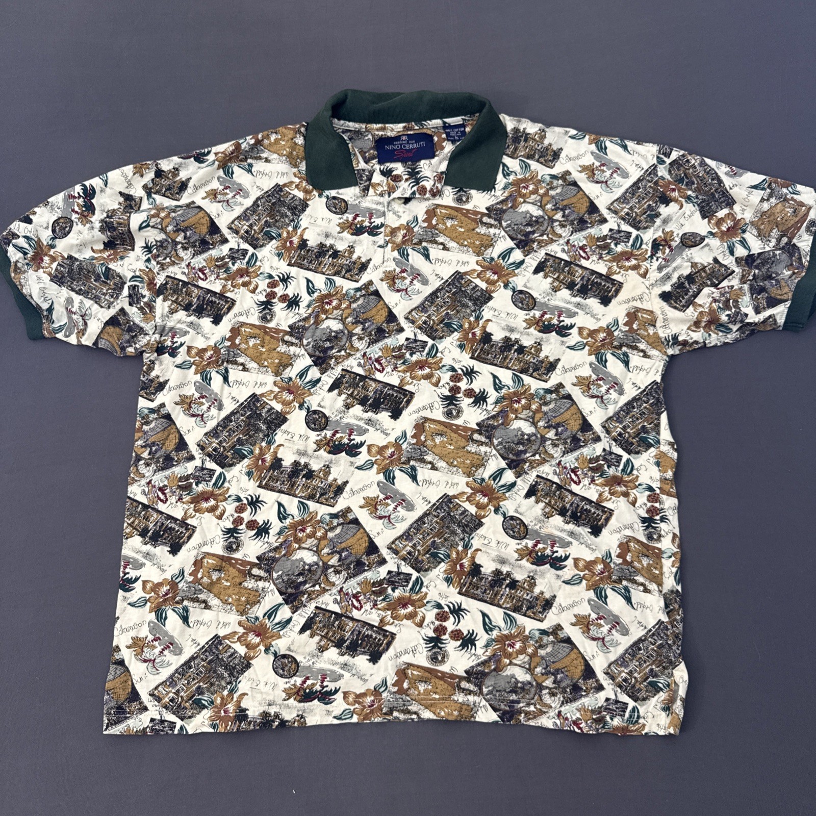 Nino Cerruti Sport Polo Shirt Mens Large Vintage Old World All Over Print