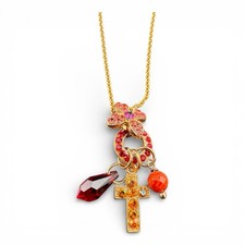 Beautiful Mariana Signed Heart & Hibiscus Pink Crystal Cluster Chain Necklace