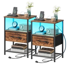 Night Stand Set 2, End Table with Charging Station, LED Bedside Table with Fa...
