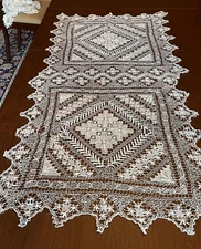 Antique 1900’s Cream Knotted Lace Runner or Dresser Scarf 60” x 30". Bolster?