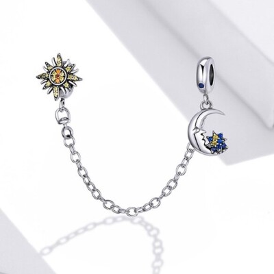 925 sterling silver moon and sun safety chain for bracelet, security chain