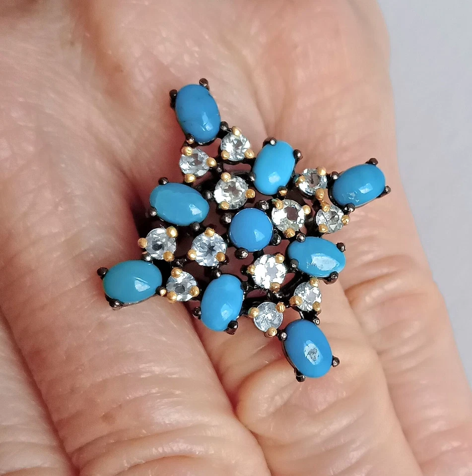 ANELLO IN ARGENTO STERLING 925 BRUNITO CON TURCHESI E TOPAZI AZZURRI NATURALI - Immagine 4 di 4