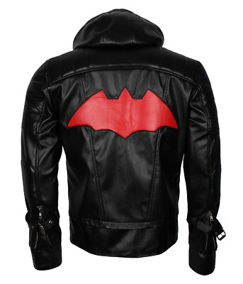 Batman Arkham Knight Black Faux Leather Hooded Jacket Halloween Cosplay Costume