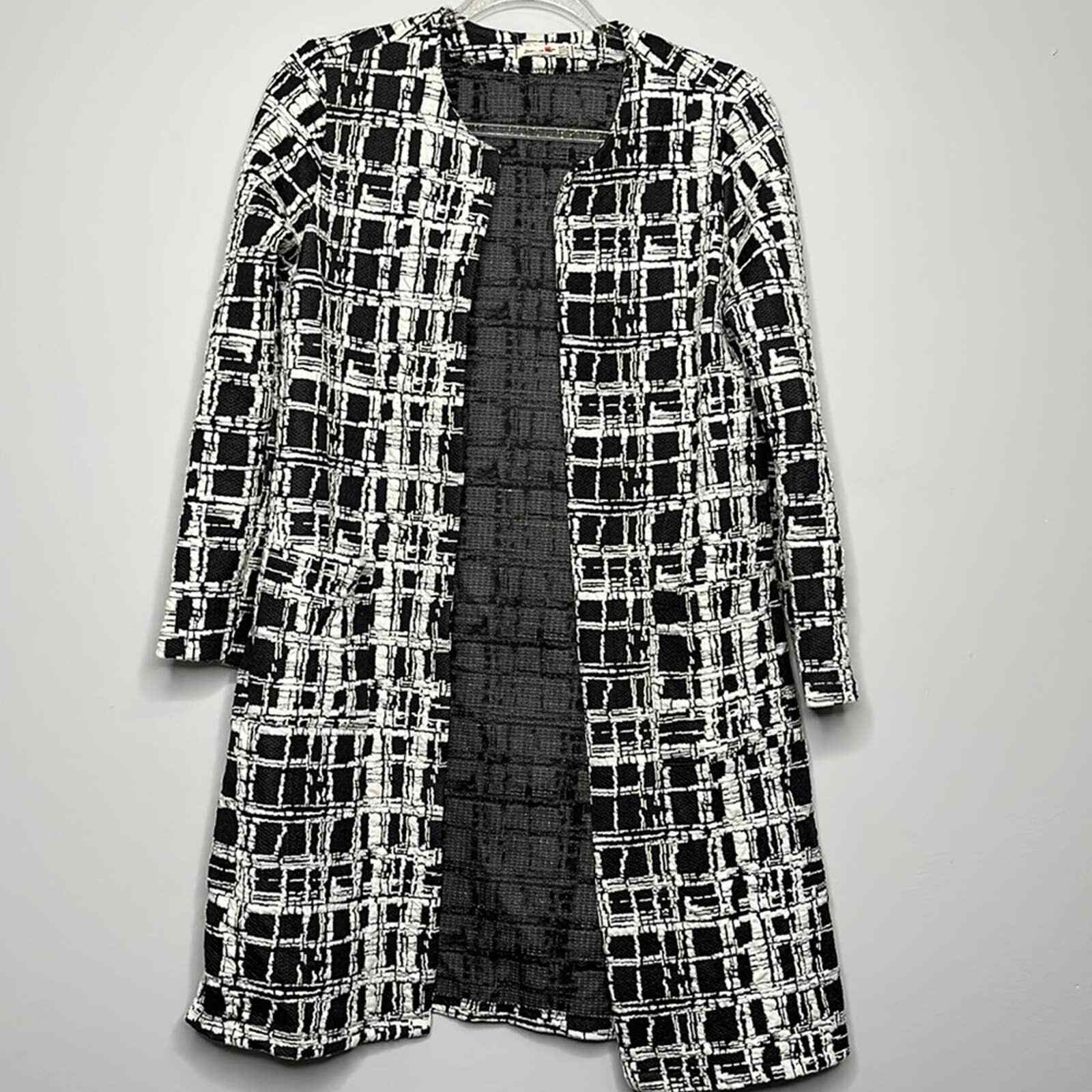Ambar black and white window pane open cardigan with … Gem