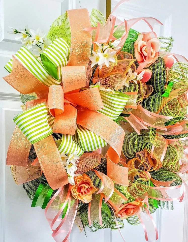 Spring Summer Peach Flower Front Door Wreath 24 inch Floral Farmhouse Decor - Image 4 of 4
