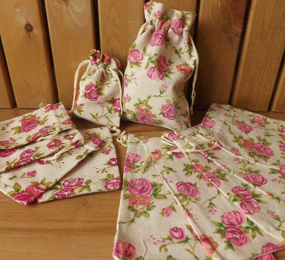 Hessian Jute Floral Rose Cotton Linen Sacks Party Bag Gift Pouch Wedding Favours - Image 3 of 4