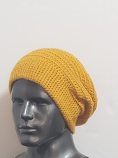 Crochet Saffron Slightly Slouchy Reversible Mens Beanie Hat Handmade Stretchy