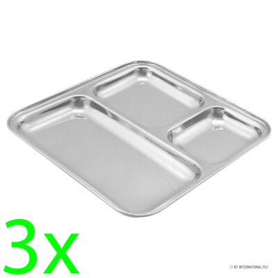 3 X EDELSTAHL PAV BHAJI TELLER 3 FÄCHER SPEISESCHALE SERVIEREN 24,5 CM NEU