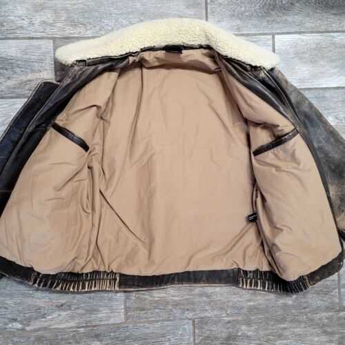 VTG Men Shearling Lambskin Leather Flight Bomber Jacket Distressed SzXL - Picture 6 of 10