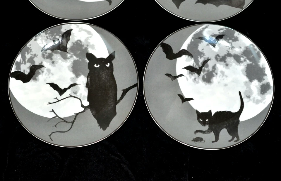 Williams Sonoma Full Moon 4 SALAD PLATES Halloween 8 3/8" Bat Cat Witch Owl, EXC - Image 3 of 4