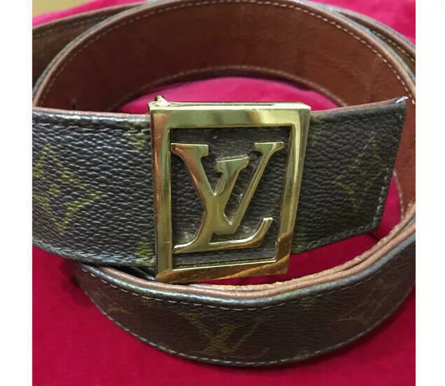 LOUIS VUITTON 80's Vintage Monogram Belt  LV  Gold Buckle