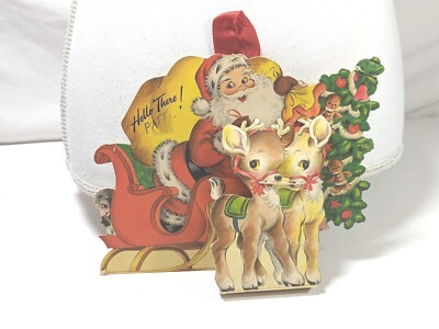 1945 Hallmark Christmas Card Santa Reindeer Sleigh Tree Pop Up Stand Signed