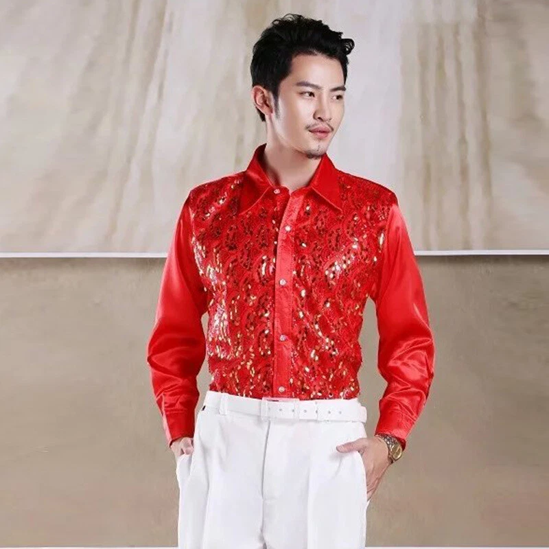Camisa de encaje con lentejuelas para hombre manga larga abotonada noche fiesta escenario ropa de club nocturno color Foto 3 de 4