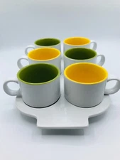 CRATE & BARREL PICK ME UP MUGS AND TRAY 6 ceramic cups w/tray stackable nesting