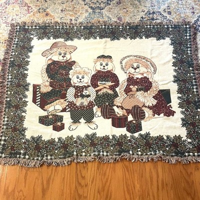 VTG Christmas Tapestry Novelty Blanket Bunny Rabbits Fringe 100% Cotton Goodwin 