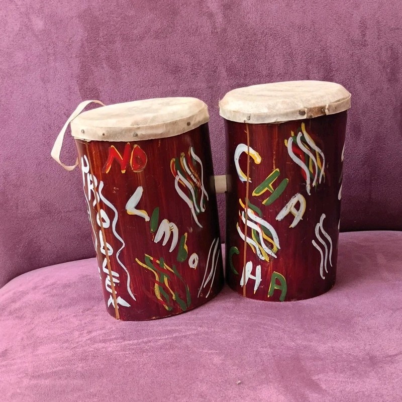 Hand Painted Wood Bongo Drums Pair 2-Piece Set with Rope Tuning