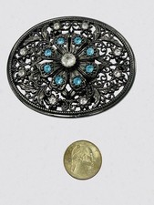 Boho Cowgirl Belt Buckle Open Filigree Blue White Rhinestone Oval Floral Twist