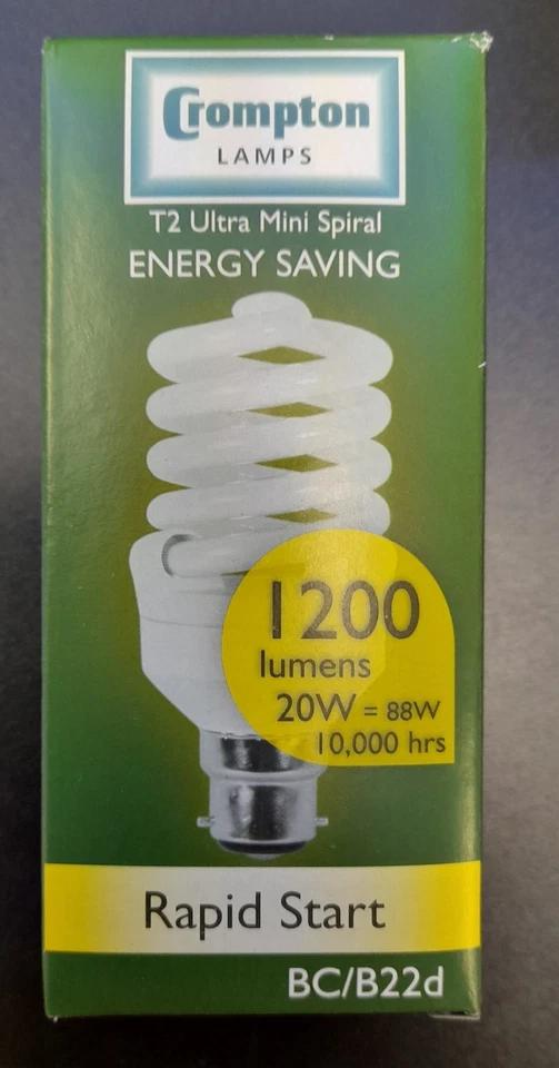 Crompton Lamps 20W T2 Ultra Mini Spiral Rapid Start Bulb, Energy Saving - Image 2 of 4