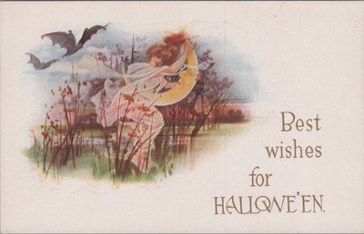 Halloween Gibson No GIB13-10, Fairy Running from Bats Holding a Moon Face DmK