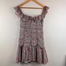 ASTR The Label Floral Mini Dress Womens M Teal Pink Ruched Ruffle ADR101310