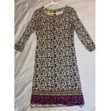 Tory Burch Shift Dress Women's Size M Navy White Floral 3/4 Sleeve Silk