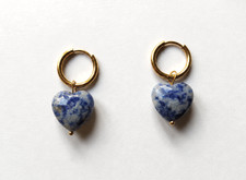 Blue Jasper  Heart Hoop Earrings Gold Tone Dangle Earrings Natural stone