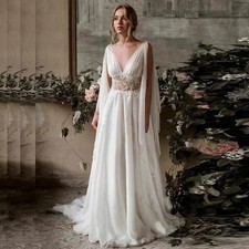 Beach Wedding Dress Cap Sleeve A-Line Chiffon Appliques Lace Princess Bride Gown